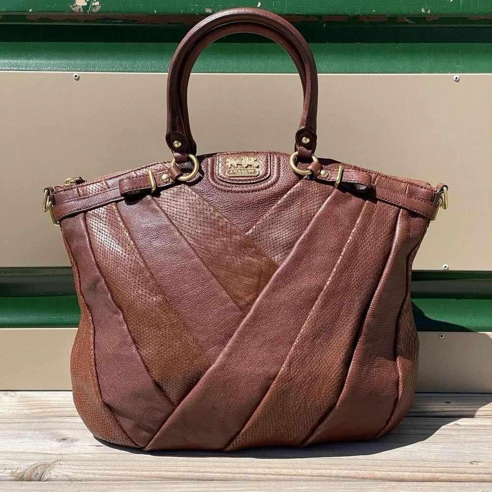 Coach Madison Diagonal Pleated Mixed Exotic Lindsey Satchel F21318 Tobacco Brown